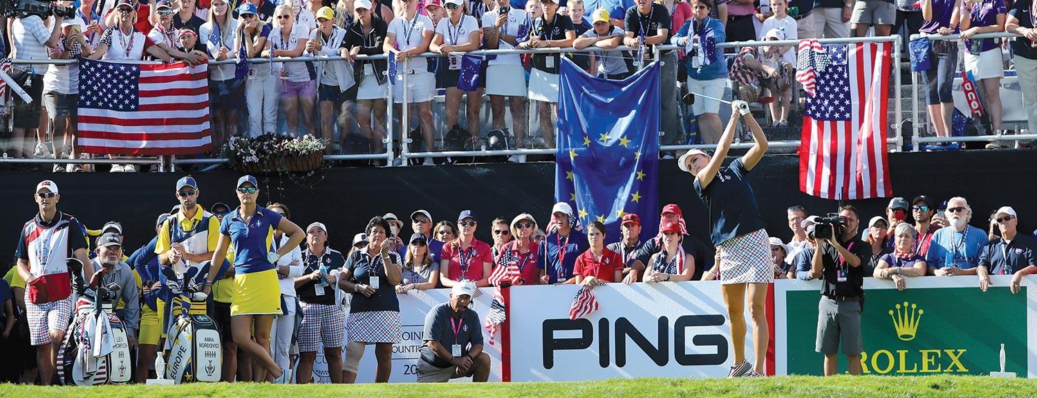 Lexi Thompson tees off on the first hole against fellow Rolex Testimonee Anna Nordqvist in the 2017 Solheim Cup